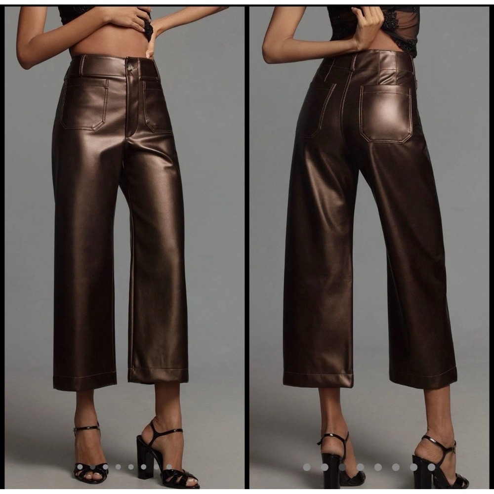 Maeve The Colette Faux Leather Wide Leg Pants Brown 25P Petite OB2144200 NWT